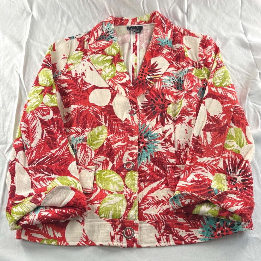 R.Q.T. Red Tropical Floral Blazer Jacket Womens Size 10 Lightweight Summer Coat